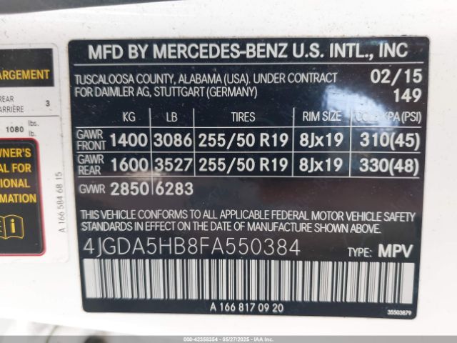 4JGDA5HB8FA550384 Mercedes-Benz Ml 350 4matic