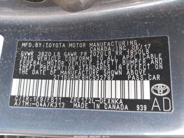2017 TOYOTA COROLLA 2T1BURHE8HC932787 Photo 8