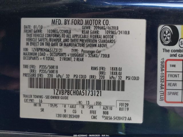 2010 FORD MUSTANG 1ZVBP8CH0A5173121 Photo 8