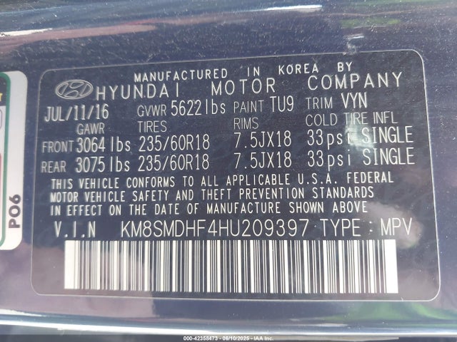 KM8SMDHF4HU209397 Hyundai gdi lambda ii