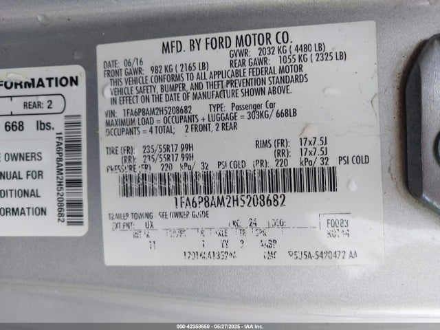 Ford 3.7l 4v 2017 1FA6P8AM2H5208682 Image 9