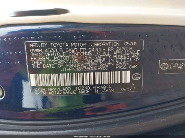 2005 LEXUS SC 430 JTHFN48Y350069980 Photo 8