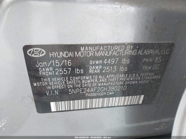 5NPE24AF2GH380210 Hyundai SONATA SE