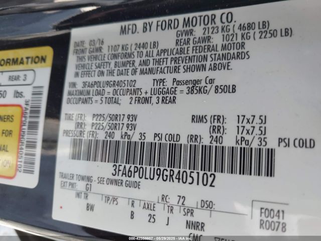 3FA6P0LU9GR405102 Ford Fusion Hybrid Se