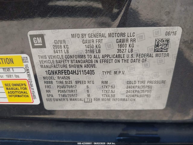 1GNKRFED4HJ115405 Chevrolet Traverse Ls