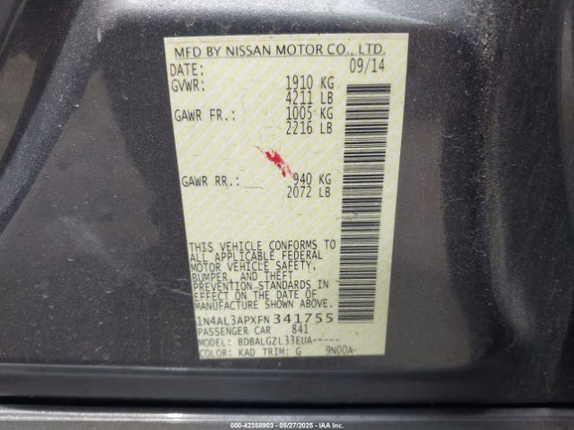 1N4AL3APXFN341755 Nissan Altima 2.5/2.5 S/2.5 Sl/2.5 Sv