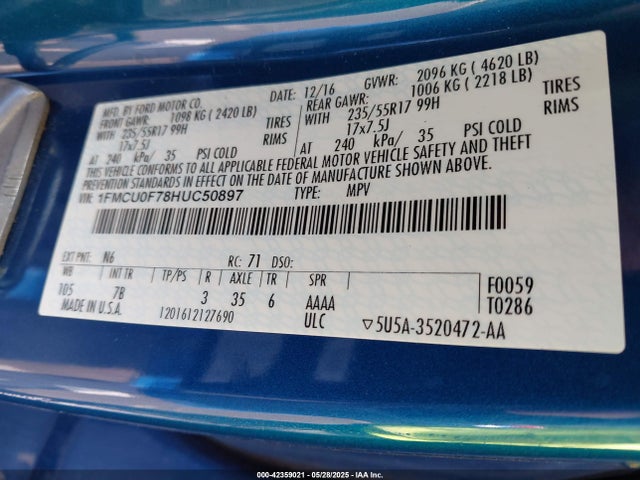 1FMCU0F78HUC50897 Ford ESCAPE S