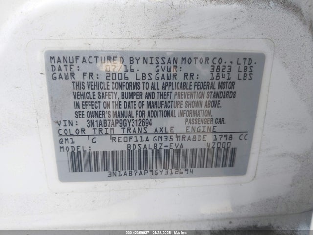 3N1AB7AP9GY312694 Nissan SENTRA S