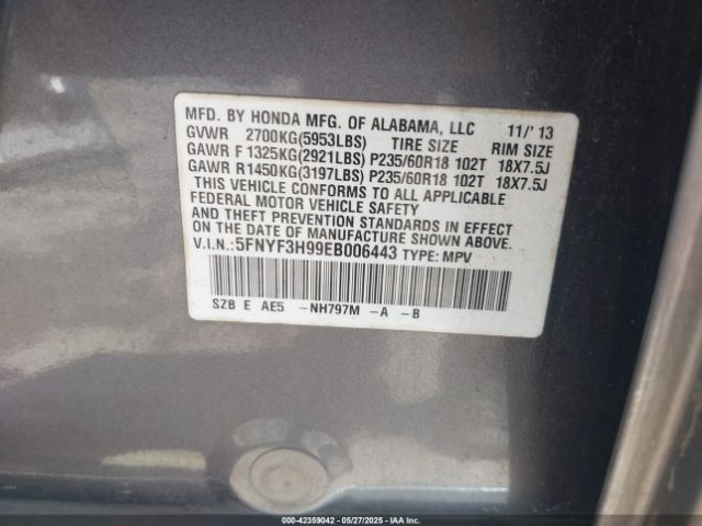 5FNYF3H99EB006443 Honda Pilot Touring