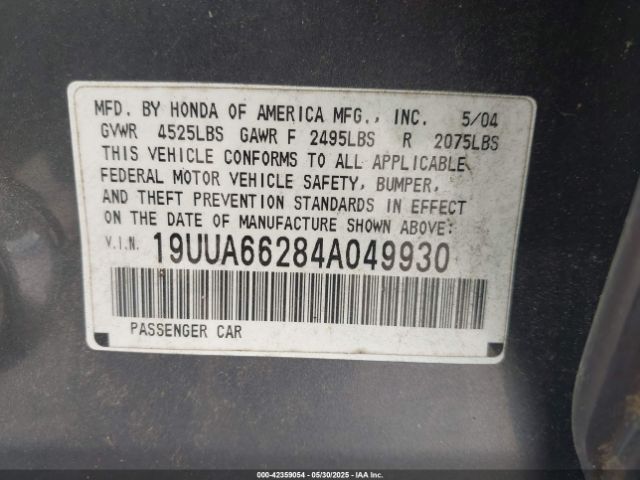 2004 ACURA TL 19UUA66284A049930 Photo 8