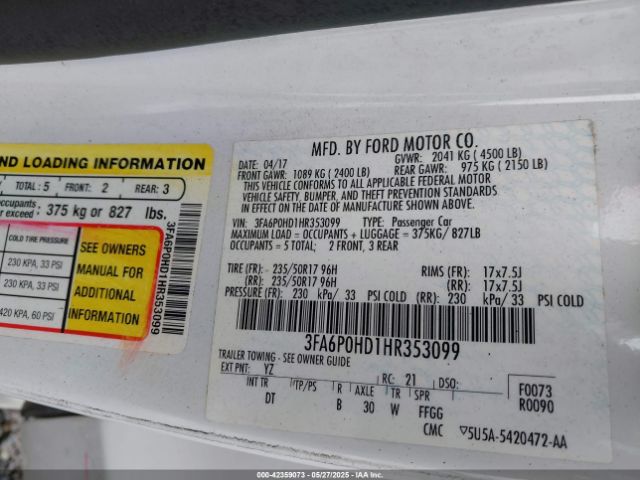 2017 FORD FUSION 3FA6P0HD1HR353099 Photo 8