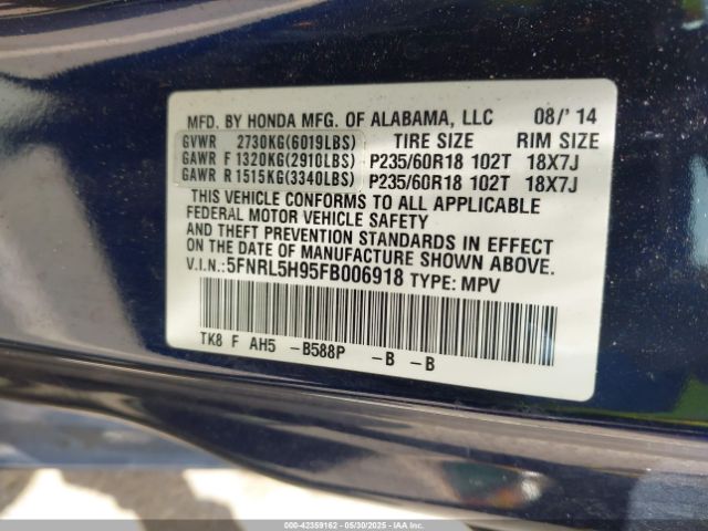 5FNRL5H95FB006918 Honda Odyssey Touring/touring Elite