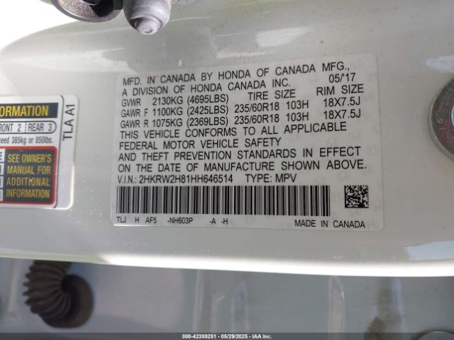 2HKRW2H81HH646514 Honda Cr-v Ex-l/ex-l Navi