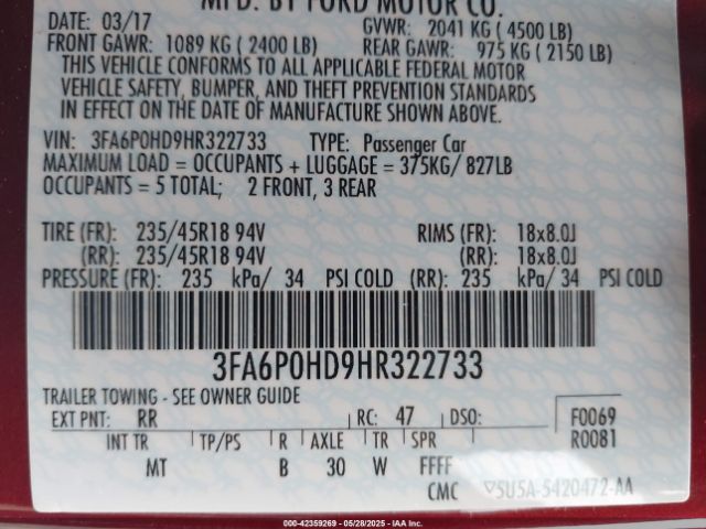 3FA6P0HD9HR322733 Ford FUSION SE