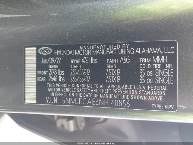 5NMJFCAE3NH140856 Hyundai gdi theta iii
