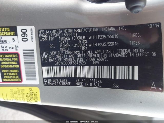 5TDYK3DC0FS542529 Toyota Sienna Limited Premium 7 Passenger