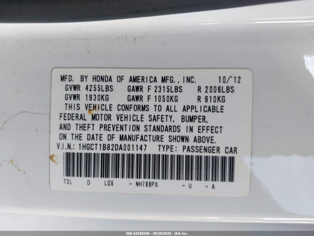 42359368 :رقم المزاد ، 1HGCT1B82DA001147 vin ، 2013 Honda Accord Ex-l مزاد بيع