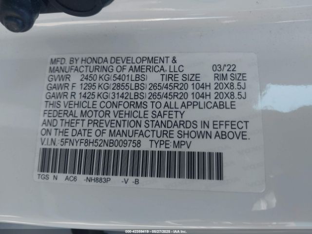 5FNYF8H52NB009758 Honda Passport Awd Ex-l