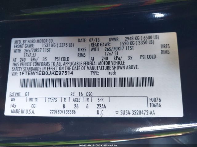 1FTEW1EB0JKE97514 Ford F-150 Xl