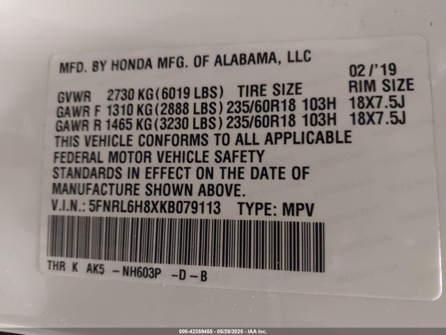 5FNRL6H8XKB079113 Honda j35y7