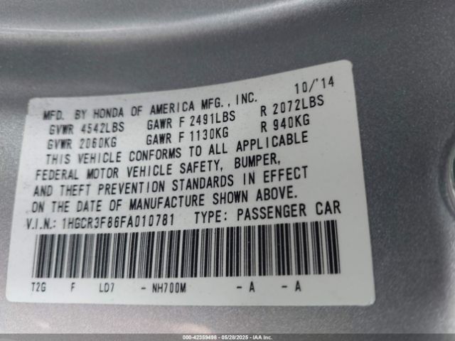 1HGCR3F86FA010781 Honda Accord Ex-l V-6