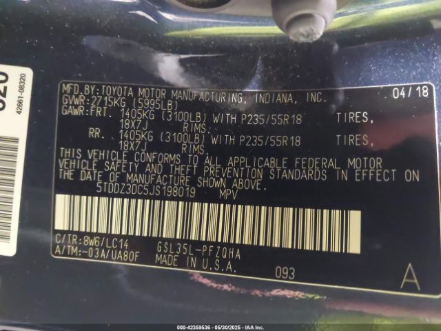 5TDDZ3DC5JS198019 Toyota 2gr-fks