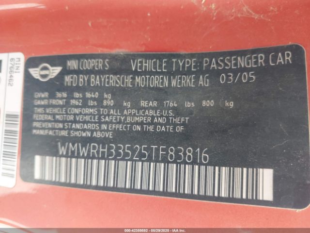 2005 MINI COOPER S WMWRH33525TF83816 Photo 8