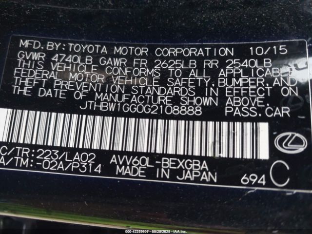2016 LEXUS ES 300H JTHBW1GG0G2108888 Photo 8