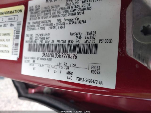 3FA6P0LU5HR278396 Ford Fusion Hybrid Se