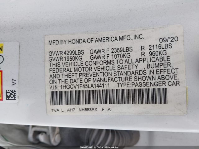 1HGCV1F45LA144111 Honda l15be