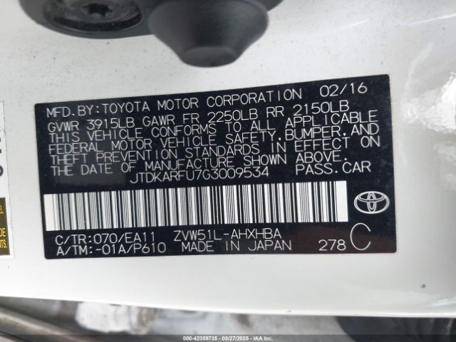 JTDKARFU7G3009534 Toyota Prius Four Touring
