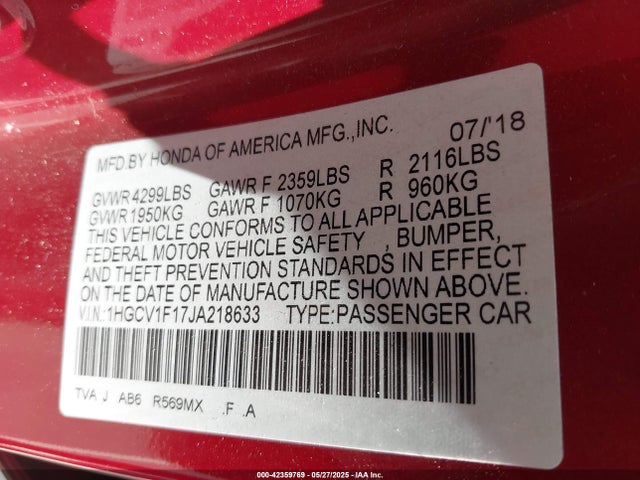 1HGCV1F17JA218633 Honda l15be
