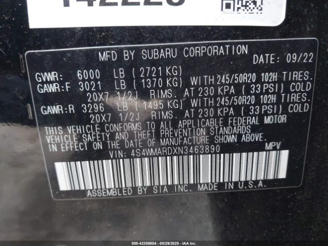 4S4WMARDXN3463890 Subaru Ascent Touring