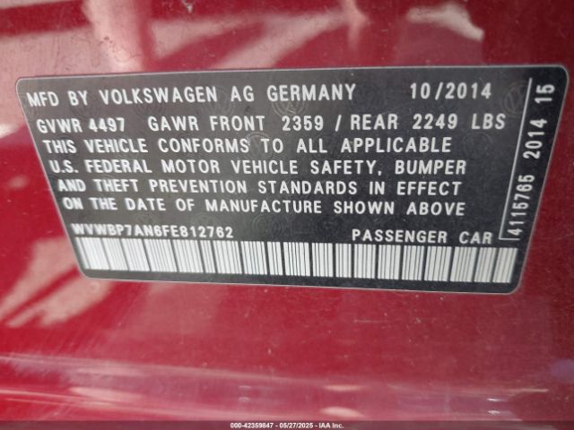 WVWBP7AN6FE812762 Volkswagen 2015