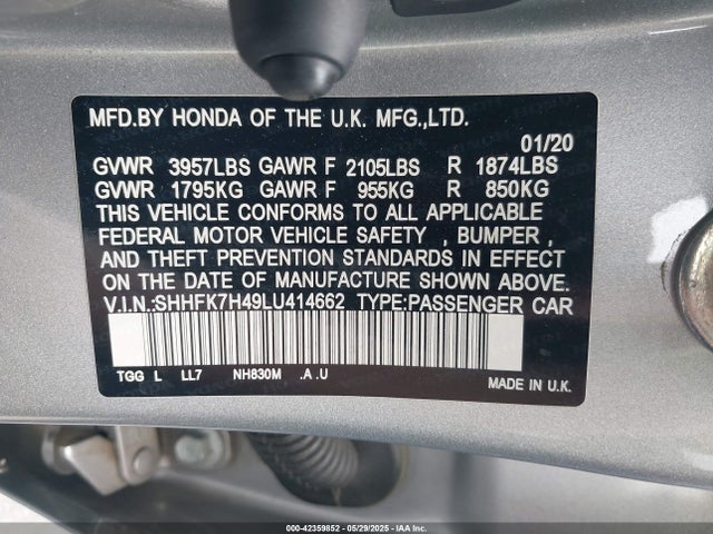 SHHFK7H49LU414662 Honda l15ba