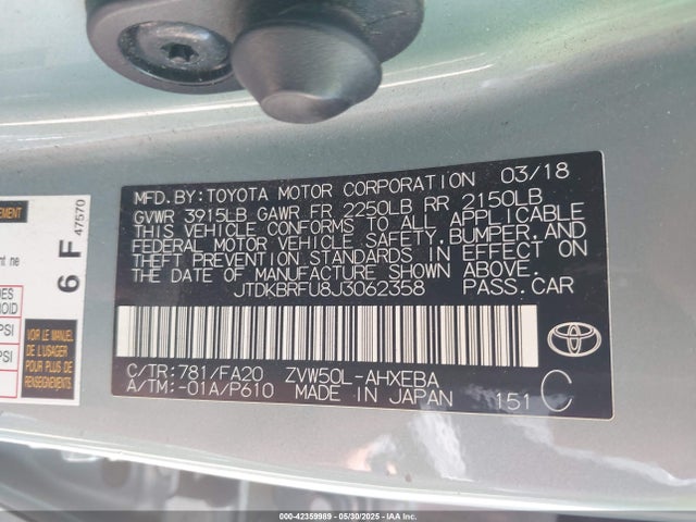 JTDKBRFU8J3062358 Toyota 2zr-fxe,1nm