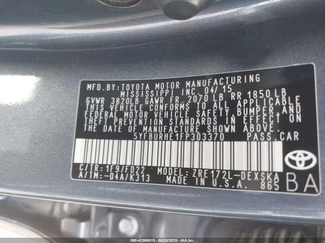 5YFBURHE1FP303370 Toyota Corolla S Plus