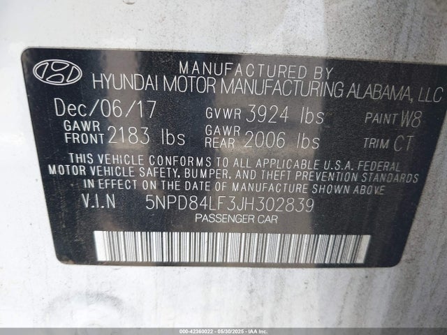 5NPD84LF3JH302839 Hyundai mpi nu