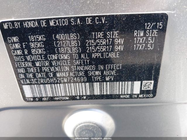 3CZRU5H52GM724699 Honda HR-V EX