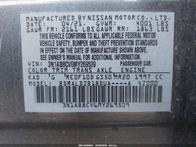 3N1AB8CV6MY269509 Nissan Sentra Sv Xtronic Cvt