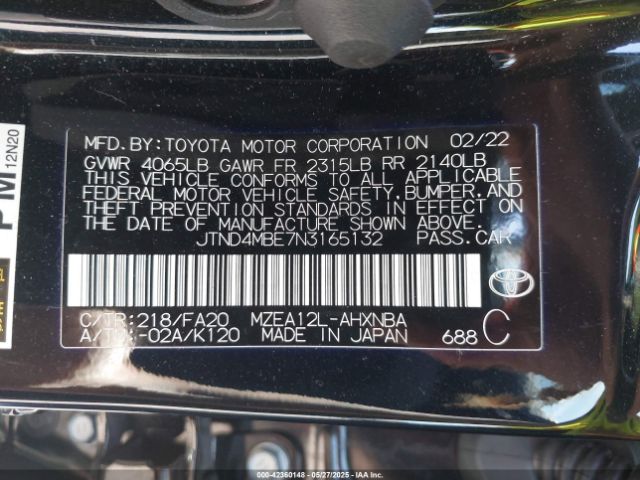 JTND4MBE7N3165132 Toyota m20a-fks