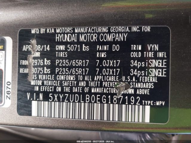 5XYZUDLB0EG187192 Hyundai Santa Fe Sport 2.4l