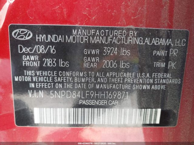 5NPD84LF9HH169871 Hyundai ELANTRA SE