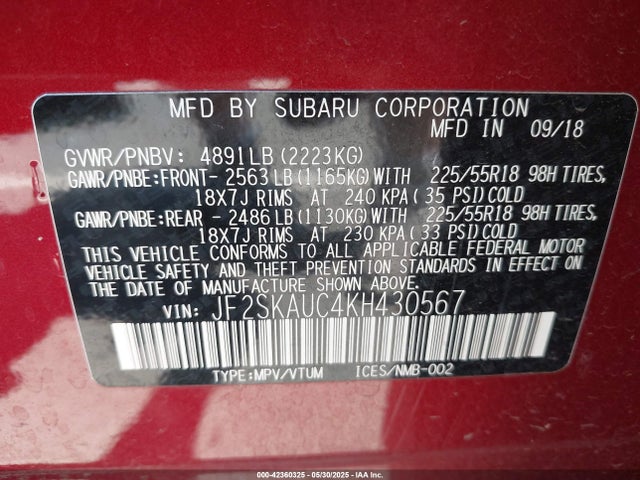 Subaru naturally aspirated u5 2019 JF2SKAUC4KH430567 Image 9