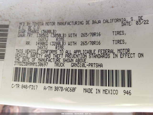 3TMDZ5BN9NM130697 Toyota Tacoma Trd Off Road
