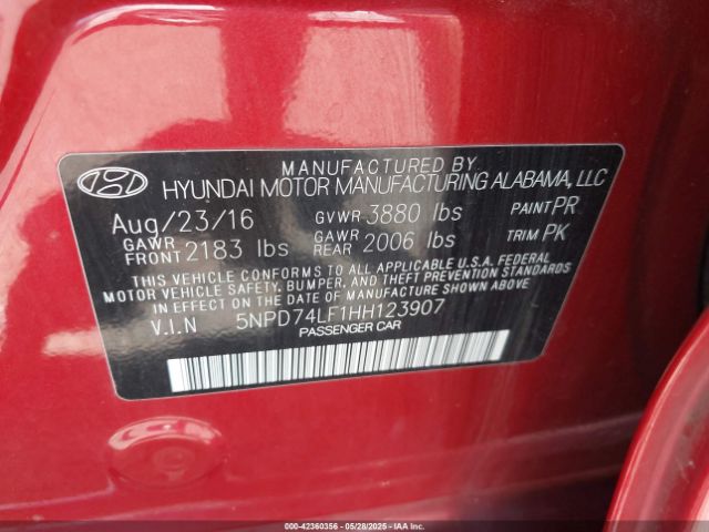 5NPD74LF1HH123907 Hyundai 2017