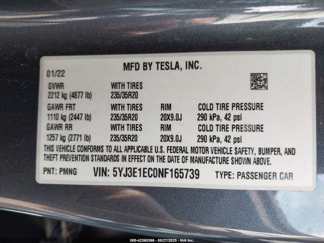 2022 TESLA MODEL 3 5YJ3E1EC0NF165739 Photo 8