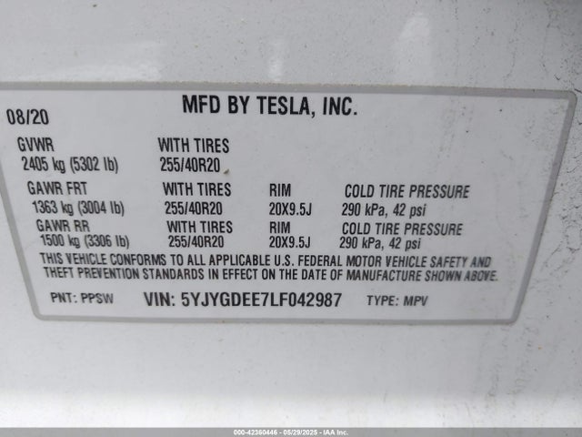 2020 TESLA MODEL Y 5YJYGDEE7LF042987 Photo 8