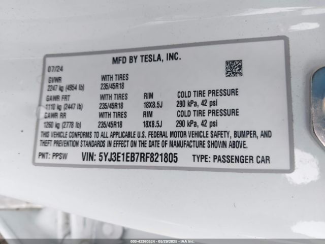 5YJ3E1EB7RF821805 Tesla Model 3 Long Range Dual Motor All-wheel Drive