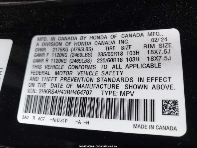 2HKRS4H43RH464707 Honda l15be